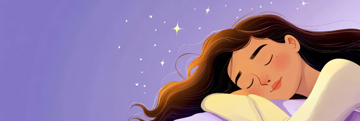 World Sleep Day. Young woman sleeping on lilac background with stars. Horizontal banner. Copy space. Flat illustration. Rest and relax. For flyer, poster, social medial