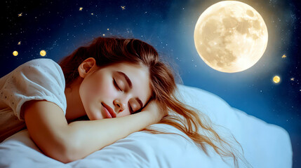 Beautiful woman sleeping in bed. Full moon background. World Sleep Day. Rest and relax. Horizontal banner. Copy space. Awareness about importance of sleep and insomnia problem