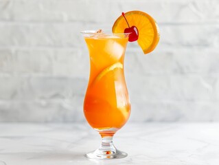 A hurricane cocktail in a tall glass with an orange slice and cherry on a white background