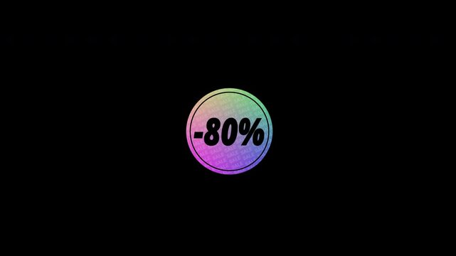 Animation of a set of stickers on a transparent background for advertising or promo, with the letters minus 70, 80, 90, percent , super sale, price drop , mega sale . Isolated animation with alpha
