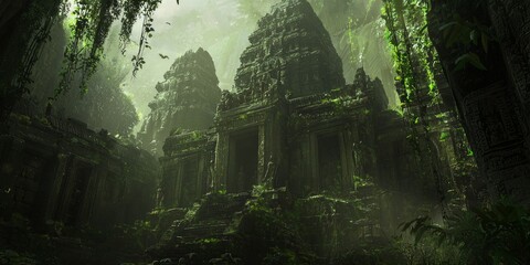 Obraz premium Secrets of the Forgotten War: Mysterious Temple Complex Enveloped in Jungle Vines and Ancient Stone Carvings with Cinematic Lighting