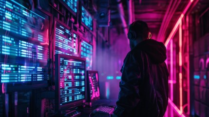 Fototapeta premium Advanced hacker in a neon-lit underground base