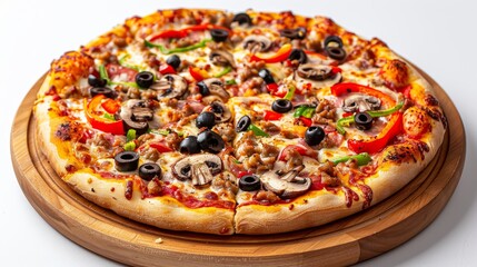 Classic pizza with a variety of fresh toppings like mushrooms and olives, served on a wooden board isolated on a white background