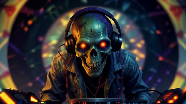 Dj skull playing in a nightclub at halloween party in a seamless loop.