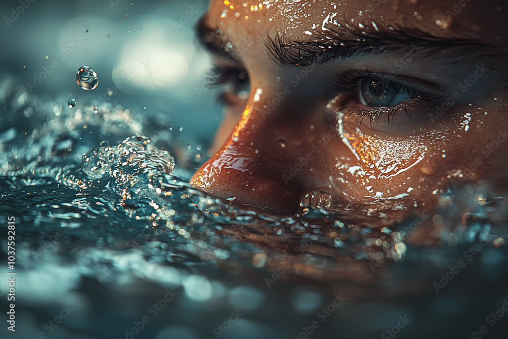 Poster a swimmer practicing in the pool, focusing on technique and endurance as part of their training regi