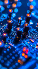 Fototapeta premium Futuristic technology concept: illuminated ai circuit paths in vertical macro view