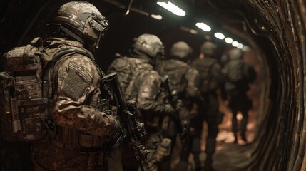 Naklejka premium Secret Military Command Center in Underground Bunker with High-Tech Equipment and Weary Soldiers Planning Strategic Assault, Cinematic Light