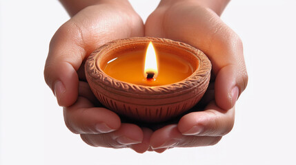 Hand holding diwali diya isolated on white background with clipping path