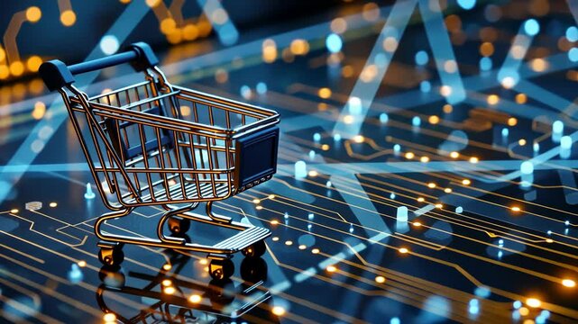 Experience the fusion of technology and shopping as a sleek cart rests on a vibrant, illuminated digital environment, showcasing modern retail's evolution