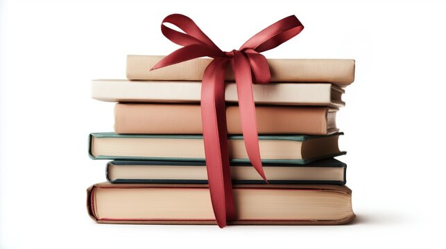 Festive stack of christmas books tied with a red ribbon - holiday reading concept