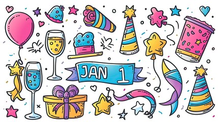 Cute cartoon vector-style icon set for New Year's Eve celebration