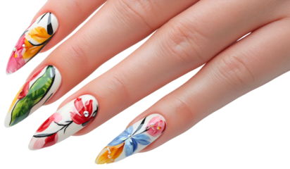 Elegant woman hand with fingers, nails isolated after manicure session, girl showing polish from spa, salon beauty with care, transparent background