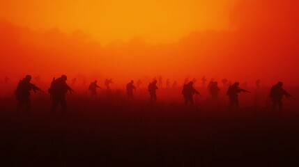 Fototapeta premium Dramatic Battle Scene: Soldiers Silhouetted in Fiery Dusk Sky, Ready for Night - Ultra-Detailed, Cinematic Light