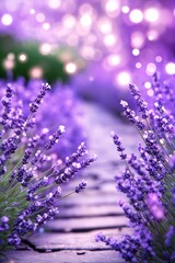 Obraz premium An enchanted path through a lavender garden under a twilight sky filled with glowing orbs
