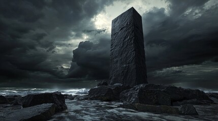 Monument of Valor: Majestic Stone Structure Honoring Fallen Heroes Against Dramatic Stormy Skies and Turbulent Seas, Ultra-Detailed Cinematic Light
