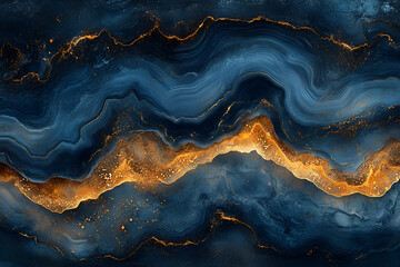 Obraz premium A mesmerizing abstract design featuring swirling dark blue and gold hues, reminiscent of waves in a tranquil ocean.