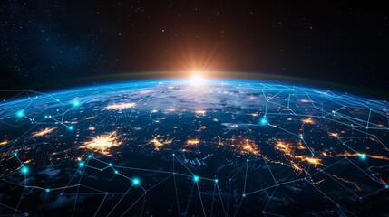 Earth surrounded by digital nodes and data streams showing global networks and blockchain technology