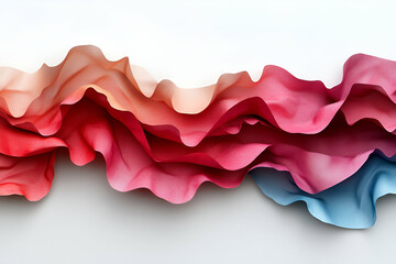 Fototapeta premium A vibrant, wavy fabric in gradient hues of pink and blue, creating a dynamic, textured visual effect against a plain background.