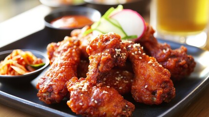 A plate of spicy Korean fried chicken wings with a crispy coating, served with pickled radish and gochujang dipping sauce, Chicken wings centered