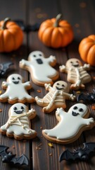 Obraz premium Halloween cookies in the form of pumpkins, ghosts, skeletons, bats on a black wooden table, handmade