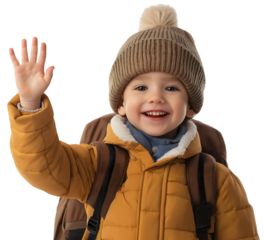 Happy school boy with smile, child and kid wearing backpack, pupil saying hello isolated, hand waving with cheerful greeting on transparent background
