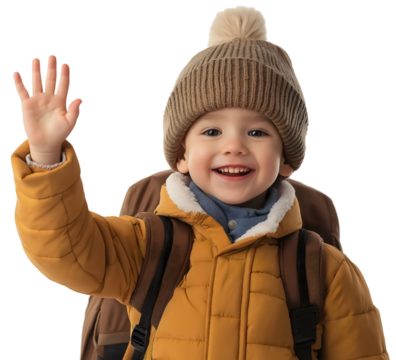 Happy school boy with smile, child and kid wearing backpack, pupil saying hello isolated, hand waving with cheerful greeting on transparent background