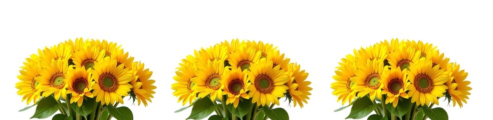 The banner consists of three large bouquets of yellow sunflowers in a wicker brown basket on a pure white background