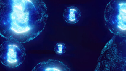 A vibrant depiction of floating blue spheres in a cosmic environment, resembling microscopic particles or cells in a glowing, ethereal space