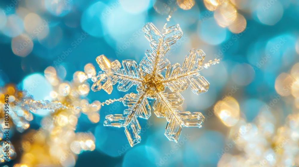 Poster delicate, shimmering snowflakes sparkle with intricate designs, illuminated by a soft blue glow in a