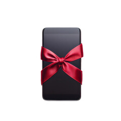 Modern smartphone with red ribbon, bow tied isolated as gift, present for new purchase, sale item for shopping experience, transparent background
