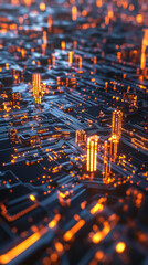 Futuristic technology concept: vertical ai circuit in glowing cityscape design for innovation