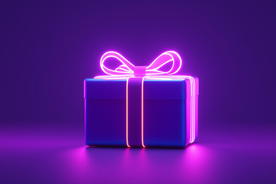Neon gift box with a glowing bow. Illustration for cyber Monday. Online shopping concept. llustration for a hardware store.
