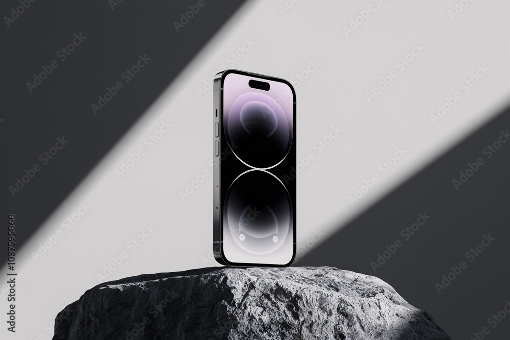 Poster sleek smartphone on stone: a modern smartphone with a sleek design rests on a textured stone surface