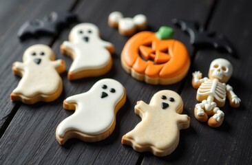 Obraz premium Halloween cookies in the form of pumpkins, ghosts, skeletons, bats on a black wooden table, handmade