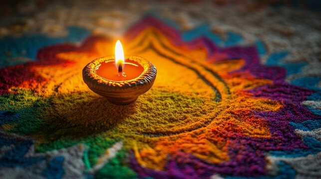 Buring diya on rangoli deepawali concept