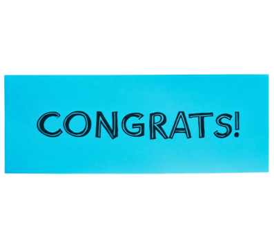 Elegant congrats on handwritten note, message and text isolated, word in flowing handwriting, greeting phrase with calligraphy style