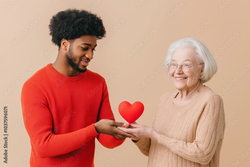 Wall mural a young man gives a heart to a smiling elderly woman, showcasing warmth and connection in a bright s