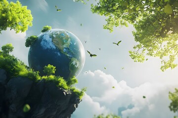 A globe with a highlighted ozone layer, surrounded by elements representing environmental protection like trees and clean energy