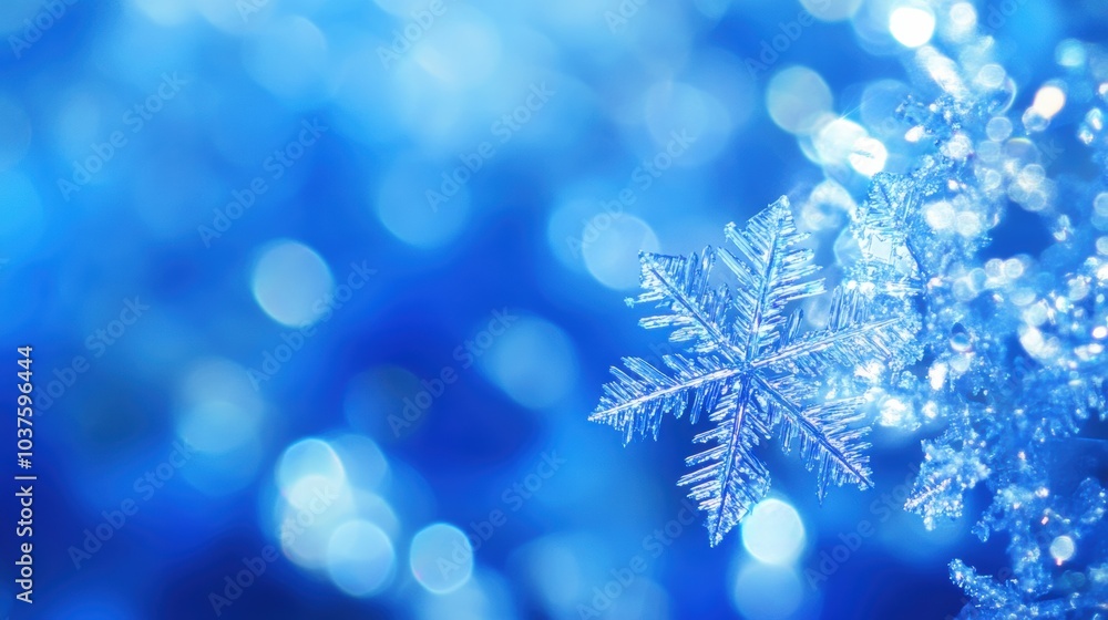 Poster Intricate snowflakes sparkle against a calming blue backdrop, evoking a sense of winter wonder and tranquility. Generative AI