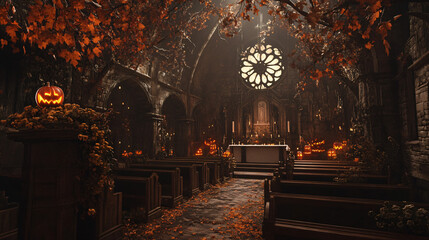 A hauntingly beautiful chapel decorated for Halloween, inviting reflection on life and death.