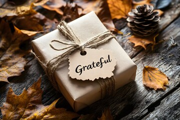 A simple gift box wrapped in brown paper with a "Grateful" tag, surrounded by autumn leaves