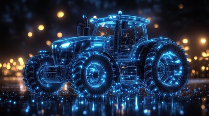 A futuristic tractor made of blue digital lines glowing in the dark, symbolizing the integration of technology and agriculture