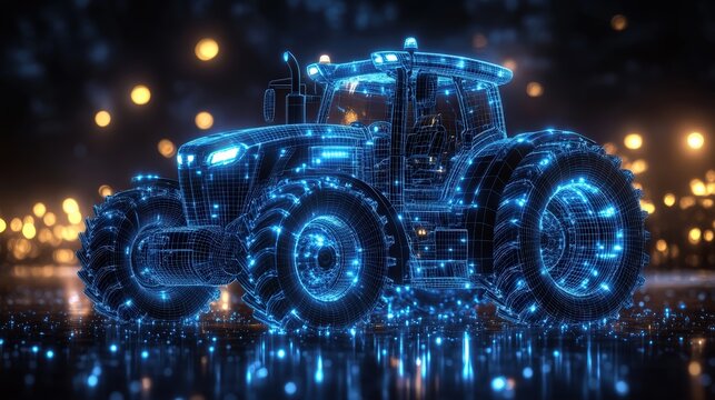 A futuristic tractor made of blue digital lines glowing in the dark, symbolizing the integration of technology and agriculture
