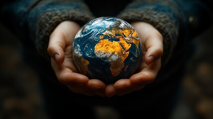 Fototapeta premium Close-up of hands holding a small globe, symbolizing the fragility of Earth.