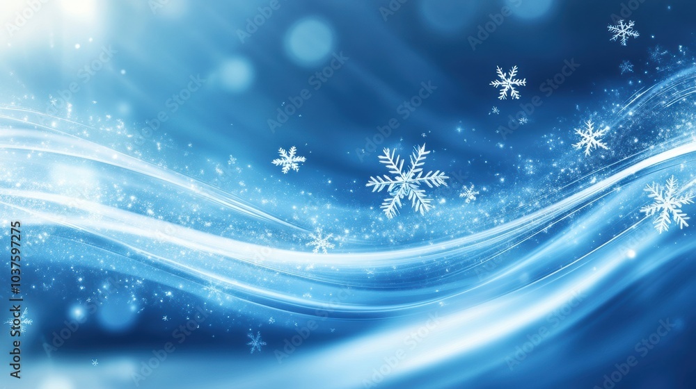 Poster Delicate snowflakes shimmer and glide through a tranquil blue backdrop, evoking a magical winter atmosphere filled with wonder. Generative AI