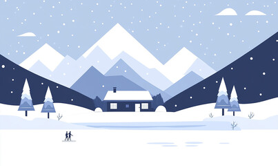 Winter cabin with mountains and snowfall