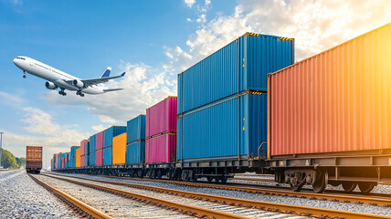 Obraz premium Top-down view of white airplane on colorful container lines