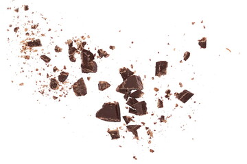 Pile chopped, milled chocolate isolated on white