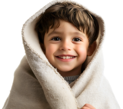 Gentle boy and child at rest, kid wrapped in blanket isolated view, cute soft and comfortable pose, swaddled form in peaceful innocent dreamy slumber