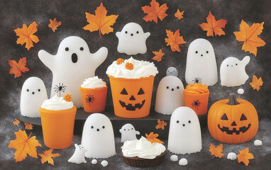 Halloween-themed desserts with ghosts and pumpkins